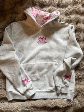 Light Gray Hoodie with Pink Bow Embroidery